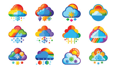 Obraz premium Colorful Travel and Nature Icon Set – Beach Ball, Calendar, Compass, Coral Reef, Credit Card, Tree, Thermometer, Shopping Bag, Volcano, Cloud, Sun, and Animal Paw Print Vector Illustration