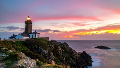 Coastal lighthouse at sunset