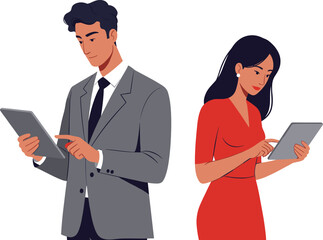 Business man and woman using digital tablets, professional attire, workplace technology, communication, modern devices, isolated on white background