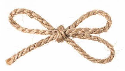 Natural Jute Rope Bow, Tied Knot, Rustic Texture, Craft Material, Packaging Element, Isolated White 