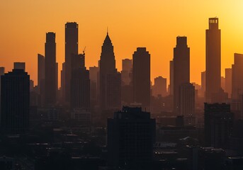 Naklejka premium Majestic cityscape silhouette of towering skyscrapers illuminated by the warm, golden hues of a beautiful morning sunrise or evening sunset