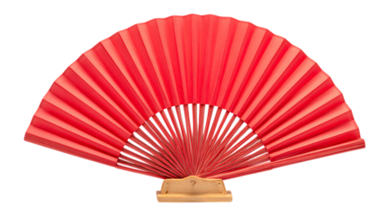 Red traditional folding hand fan with wooden ribs isolated on white background. 