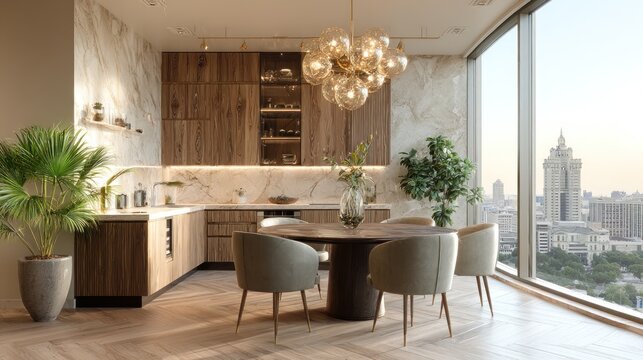 Fototapeta Modern dining area with city view