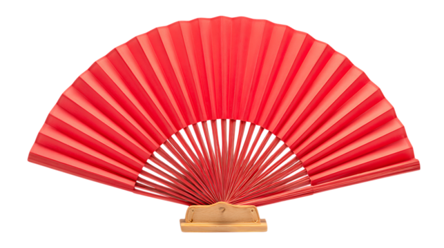 Red traditional folding hand fan with wooden ribs isolated on white background. 
