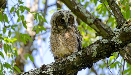 Young owl perched on branch