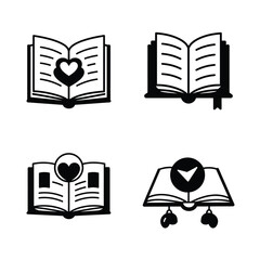 Set of four hand drawn black and white icons depicting open books with symbolic elements like hearts and checkmarks representing knowledge and learning
