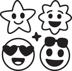 Cheerful Emoji Set with Star, Flower, Heart Eyes, and Sunglasses on Transparent Background