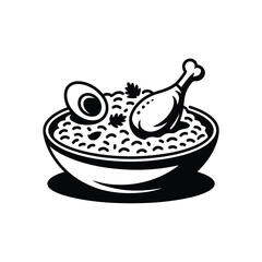 Stylized illustration of a bowl of biryani with chicken and egg