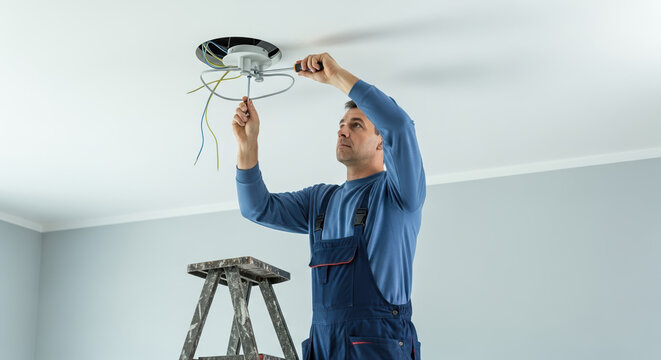 Electrician installing ceiling light fixture in new home. Skilled technician connects wires and mounts lamp carefully.