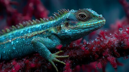 Obraz premium Tropical neon lizard resting on coral branch high resolution picture