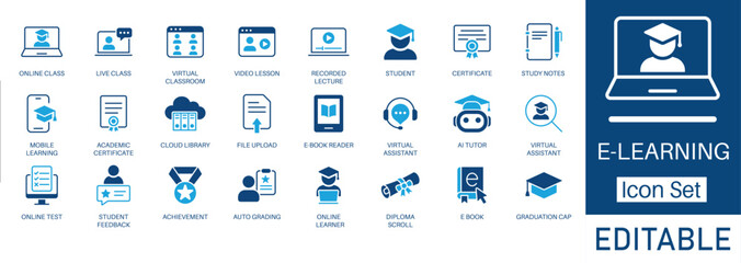 E-learning and Online Education icon set. Includes symbols for Virtual Classroom, Online Course, Webinar, and Certificate. Solid vector icons for distance learning, EdTech, and online tutorials.