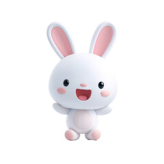 A cute white cartoon rabbit with a pink nose and ears smiles and waves. The rabbit is standing on a white background.