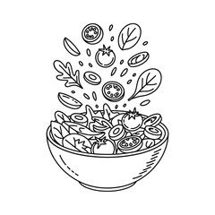 Hand drawn illustration of a fresh salad with flying ingredients