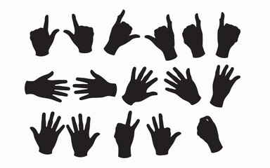 Black hand silhouettes showing different hand gestures on white background