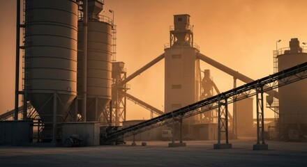 Obraz premium Industrial plant at dawn. Silhouetted concrete silos and conveyors under a golden sunrise