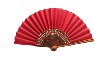 Red traditional folding hand fan with wooden ribs isolated on white background. 
