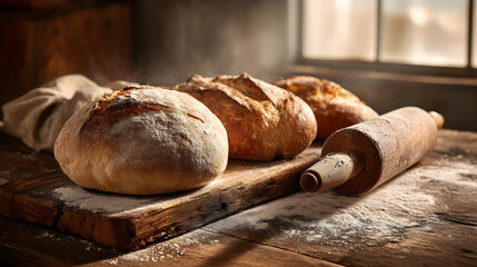 Freshly baked bread cooling on wooden table in rustic bakery