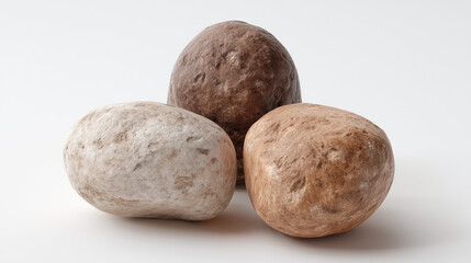Three natural brown and beige stones on white background

