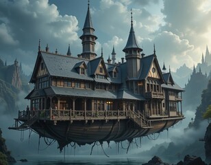 Magnificent fantasy castle floats serenely in a misty, ethereal sky above tranquil waters.