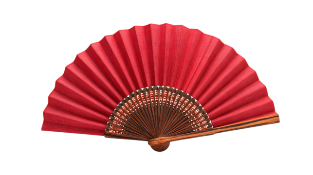 Red traditional folding hand fan with wooden ribs isolated on white background. 