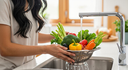 Woman washing fresh vegetables in colander at modern kitchen sink
