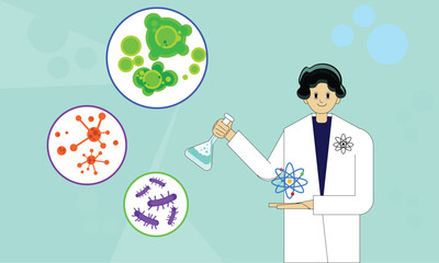 Vector illustration of a scientist character holding a laboratory flask with alchemy symbols and bacteria icons. Perfect for STEM education, science research, chemistry, microbiology, and laboratory