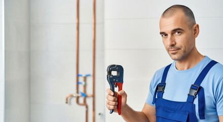 Plumber holding crimping tool in bathroom.  Professional plumber in blue overalls demonstrates crimping tool for pipes. Skilled worker uses crimping tool for reliable plumbing work.