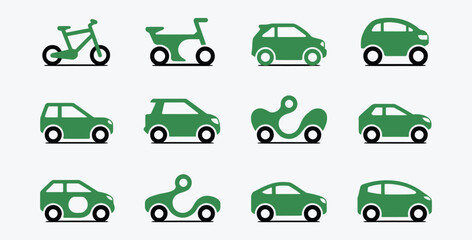 Naklejka premium Collection of green transportation icons including cars bikes and scooters
