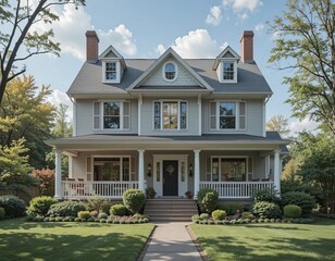 Fototapeta premium Beautiful suburban home with a welcoming porch on a sunny day