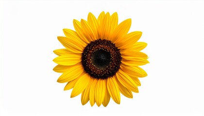 Fototapeta premium A beautiful, single sunflower in full bloom with vibrant yellow petals, isolated on a plain white background.