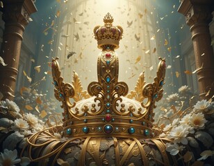 Ornate gold crown with precious gems rests on a bed of white flowers and gold surrounded by flying birds in a majestic hall