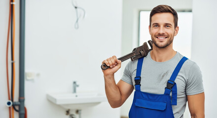 Plumber smiling confidently with pipe wrench in bathroom renovation. Skilled plumber ready for work. Happy plumber with tool shows professionalism and expertise.