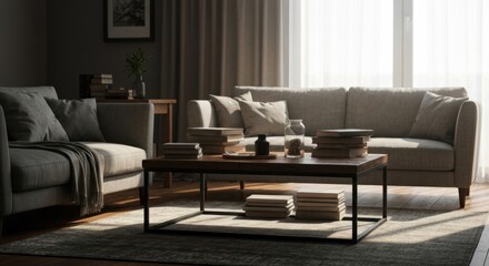 Modern living room, warm tones, natural light