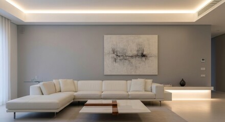 Fototapeta premium Modern, minimalist living room with white sectional sofa, light-gray walls, and abstract art