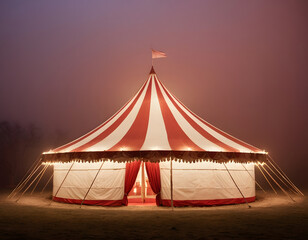 A red and white circus tent stands illuminated by dim lights in a foggy, eerie night. circus tent top view, circus tent illuminated at night