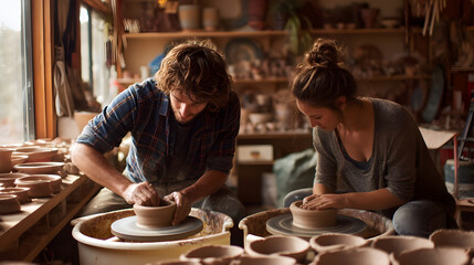 Potters working clay on pottery wheels in workshop