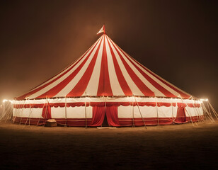 A red and white circus tent stands illuminated by dim lights in a foggy, eerie night. circus tent top view, circus tent illuminated at night