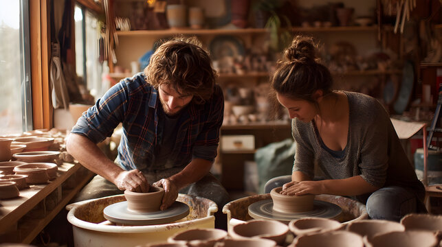 Potters working clay on pottery wheels in workshop - Powered by Adobe
