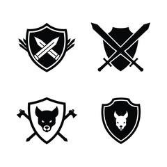Obraz premium Four stylized black and white heraldic shield emblems featuring crossed weapons and animal silhouettes for a medieval or fantasy theme
