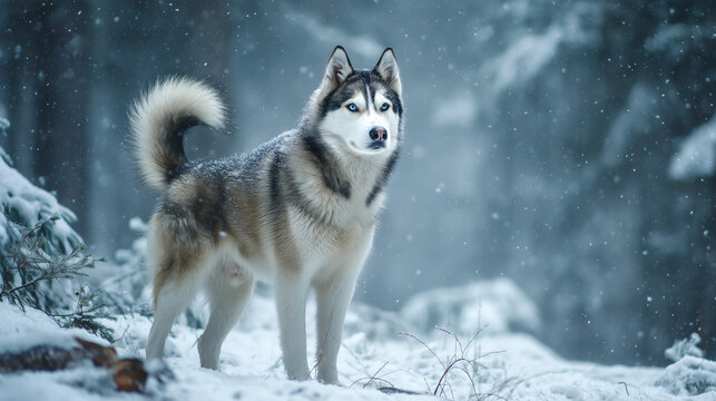 Siberian husky dog standing in snowy winter forest
