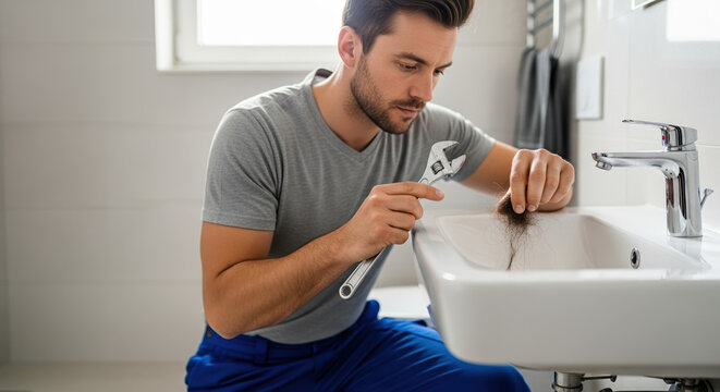 Handyman repairing bathroom sink faucet. Skilled plumber fixing leaky faucet in modern bathroom. Professional handyman services concept for home repair advertisement.