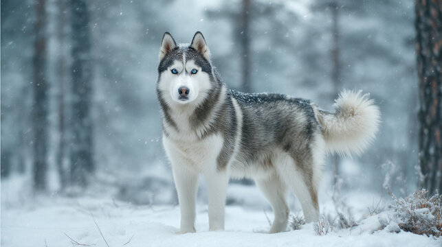 Siberian husky dog standing in snowy forest during winter
