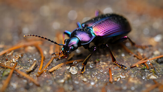 A closeup macro shot reveals a metallic beetle with iridescent purple and blue wings resting on a damp, textured surface with fallen pine needles