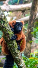 Fototapeta premium Red lemur clinging to a tree trunk in a lush forest enclosure