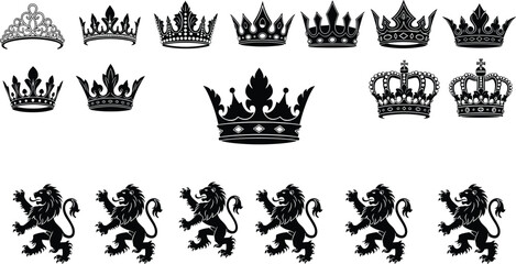 Royal crown and lion vector collection, black heraldic silhouette icons, monarchy symbols, vintage regal elements, royalty design illustrations set