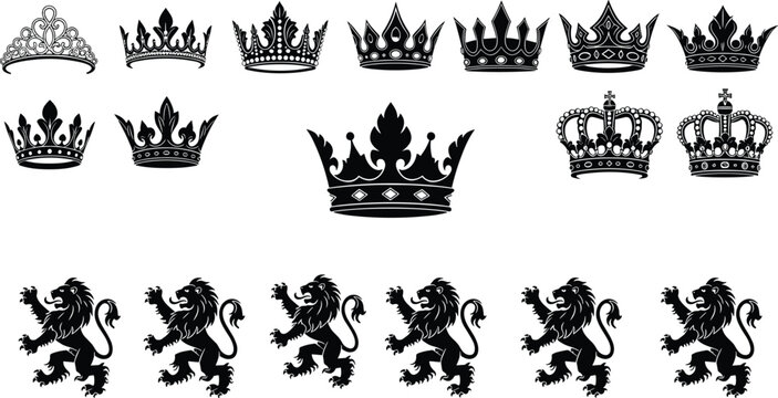 Royal crown and lion vector collection, black heraldic silhouette icons, monarchy symbols, vintage regal elements, royalty design illustrations set