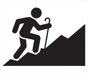 Obraz premium Vector silhouette of hiker climbing mountain with backpack and stick