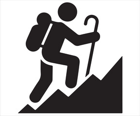Silhouette of hiker climbing mountain with backpack and stick vector illustration, black outline design symbolizing trekking, adventure, outdoor exploration, travel, challenge, fitness, hiking lifesty