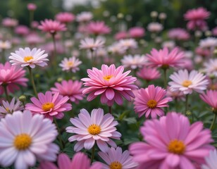 Close-up view of a field of pink and white Marguerite flowers in full bloom