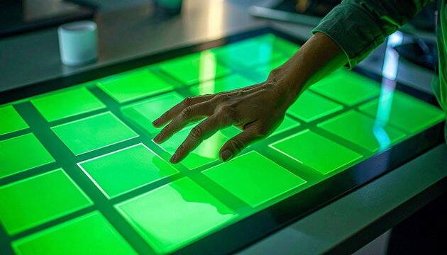 Person interacting with a glowing touch screen interface.